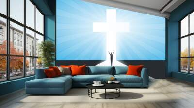 Christian Cross Symbol with Sun Rays and Standing Man - Sign of Crucifix, Easter, Purity, Faith, Baptism, Holy Spirit, Evangelization and Resurrection - Blue Background with Bright Rays of Light Wall mural