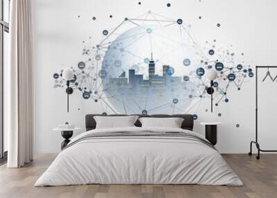 Futuristic Smart City, IoT and Cloud Computing Design Concept with Polygonal Mesh, Cluster and Nodes - Digital Network Connections, Technology Background Wall mural