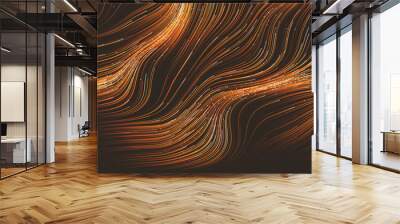 Golden and Brown Wavy Striped Abstract Background - Dark Colorful Moving, Flowing Stream in Curving Lines - Modern Style Digitally Generated Dark Futuristic Abstract Geometric Design Tempate Wall mural