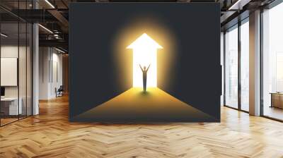 New Possibilities, Hope - Overcome Business Problems, Solution Finding, Vector Concept - Businessman Standing in Dark, Symbol of Light at the End of the Tunnel Wall mural