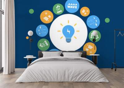 Think Green - Colorful Concept of Smart Eco Friendly Ideas for Green Power Generation and Consumption with Symbols of Various Alternative Energy Sources and Energy Efficient Light Bulb - Vector Design Wall mural