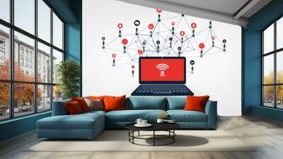 Unsafe Wi-Fi Connections, Networks - Virus, Backdoor, Ransomware, Fraud, Spam, Phishing, Email Scam, Hacker Attack - Business IT Security Concept Design, Mesh of Connected Network Client Nodes Wall mural