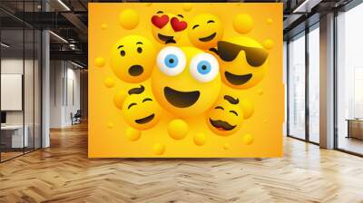 Various Smiling Happy Yellow Emoticons in Front of a Yellow Background, Vector Concept Illustration Wall mural