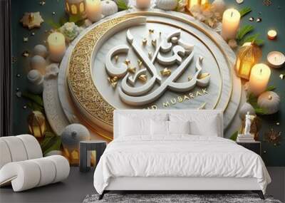 Eid Mubarak Celebration with Candles, Lanterns, and Crescent Moon Wall mural