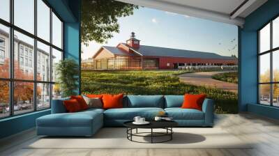 Modern Red Barn with Sheep and Green Grass Wall mural