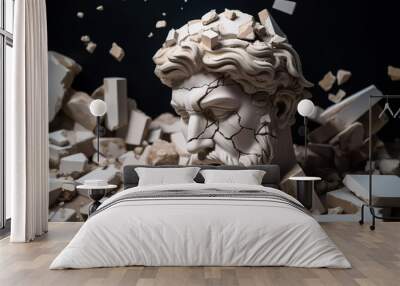 Broken ancient greek statue head falling in pieces. Broken marble sculpture, cracking bust, concept of depression, memory loss, mentality loss or illness.  Created with Generative AI. Wall mural