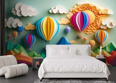 Creative and colourful paper art with sun, clouds, mountain and  hot air balloons. Created with generative AI Wall mural