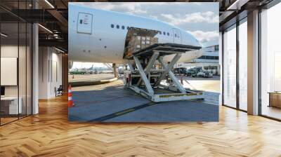 Process of cargo handling. Parcels loading with high loader at Airport. Wall mural