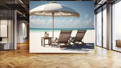 Beautiful tranquil white sand beach with two beach chair and thatched umbrella. romantic summer vacation at tropical private island for luxury sea resort advertising background, front view. Generative Wall mural