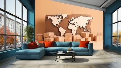 Carton world map. Global logistics, shipping and worldwide delivery business Generated AI Wall mural