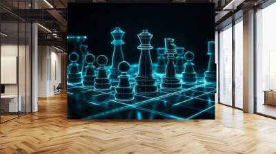 Concept of Strategy business ideas for Innovation planing and planing idea chess competition,futuristic graphic icon and gold chess board game black color tone with financial stock line background Gen Wall mural