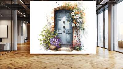 cozy door with flowers on white background, watercolor. Generative AI Wall mural