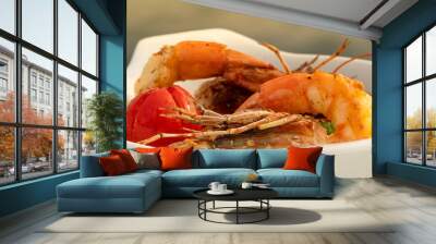 jumbo shrimp standing on white table. Wall mural