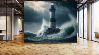 lighthouse on a stormy day, front view. Generated AI Wall mural