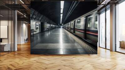 metro train in subway underground tunnel station platform with motion blur effect Generated AI Wall mural