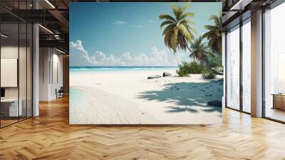 realistic landscape, white beach with calm sea, high bright sun. Generative AI Wall mural