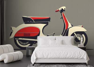 A vintage red and white scooter is parked on the side of the road Wall mural