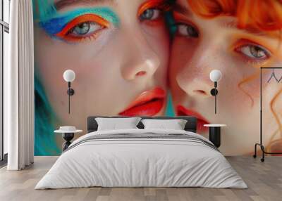 Two Women with Vibrant Makeup in a Close-Up Portrait Wall mural