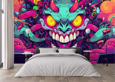 A laptop villain with an evil grin, in the style of vibrant and playful pop art Wall mural