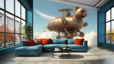 In the spirit of future steampunk, a cat shaped airplane gracefully flying over the clouds. Generative AI Wall mural