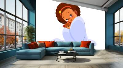 A little african american girl has flu. Sick child girl sitting in bed with toy bear and blowing her nose, feel so bad with fever. Cartoon vector illustration Wall mural