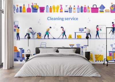 Cleaning service. Team of cleaning service working at office and a large set cleaning tool. Wall mural