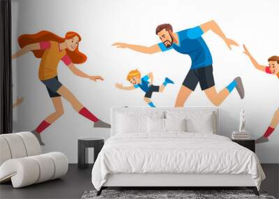 Happy family Playing Soccer together. Concept Parenthood child-rearing. Cartoon isolated vector illustration. Wall mural