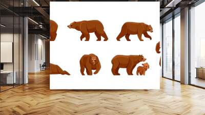 Set of large brown bear in different poses looking, running, walking, sleeping, attack. Wild forest creature different poses. Vector flat cartoon character of big mammal animal illustrations isolated Wall mural