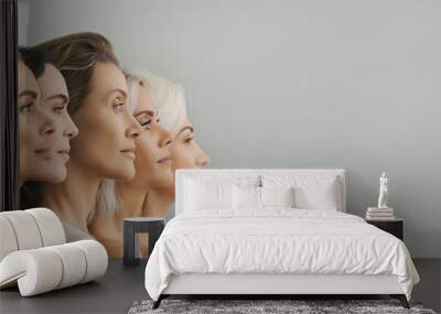 Beautiful woman in different ages standing next to each other. Skin care, cosmetics advertisement, ai, Different skin types, skin close up. Woman faces in profile. Wall mural