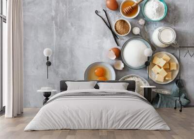 Baking ingredients: flour, eggs, sugar, butter, milk and spices Wall mural