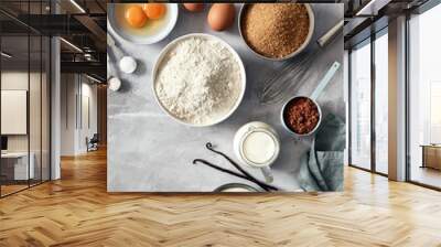 Baking ingredients: flour, eggs, sugar, butter, milk and spices Wall mural