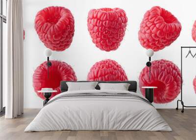 Collection or set of various fresh ripe raspberries on white background Wall mural