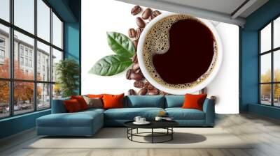 Cup of black coffee with beans and leaves Wall mural