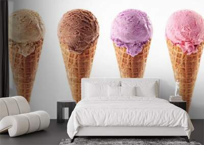 Set of various ice cream scoops in waffle cones Wall mural