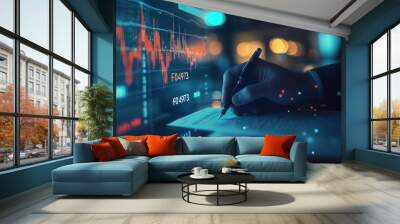 Close-up shot of an analytical working with the latest financial results Financial accounting sales forecast graphs analysis with hand writing , digital effect abstract for background Wall mural