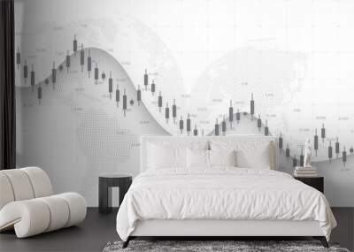 Abstract financial chart with uptrend line graph and world map on black and white color background. Business Candle stick graph chart of stock market investment trading. Vector illustration Wall mural