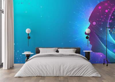 Artificial intelligence in humanoid head with neural network thinks. Artificial Intelligence and Machine Learning Concept. Humanoid brain. Neural networks, modern technologies concepts, vector. Wall mural