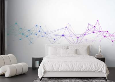 Geometric abstract background with connected line and dots. Network and connection background for your presentation. Graphic polygonal background. Wave flow. Scientific vector illustration. Wall mural