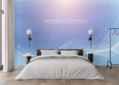 Geometric abstract background with connected line and dots. Network and connection background for your presentation. Graphic polygonal background. Wave flow. Scientific vector illustration. Wall mural