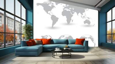 Grey World Map and Globes vector Illustration Wall mural