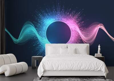 Music poster for electronic festival with dotted lines and waves. Party flyer cover design concept. Distorted music wave equalizer. Abstract amplitude of sound. Vector Illustration Wall mural