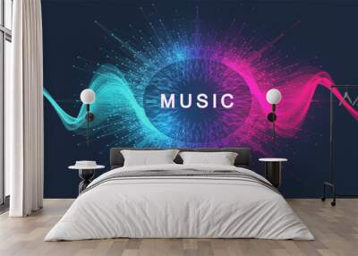 Music wave flow poster design with lines and dots. Sound flyer with abstract gradient line waves. Music abstract background. Vector concept. Wall mural