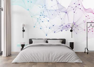 Technology abstract background with connected line and dots. Big data visualization. Perspective backdrop visualization. Analytical networks. Vector illustration. Wall mural