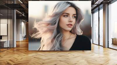 A beautiful young model woman with lush white hair, a stylish beautiful girl. Wall mural