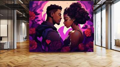 A couple of young black people, men and women kissing among flowers in a romantic atmosphere. Wall mural