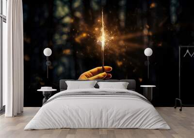 A magic wand in his hand shining with a mysterious magical light. Illustration of fantasy. Wall mural