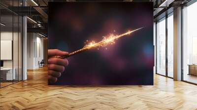 A magic wand in his hand shining with a mysterious magical light. Illustration of fantasy. Wall mural