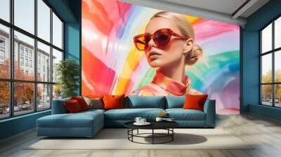 A model posing on a colorful rainbow background in sunglasses, a play of light and shadow. Wall mural