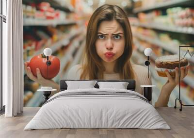 A puzzled girl in the store is faced with a choice of what to eat today: 