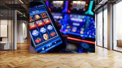 A woman's hand holds a phone playing in an online casino on the phone, on the screen 